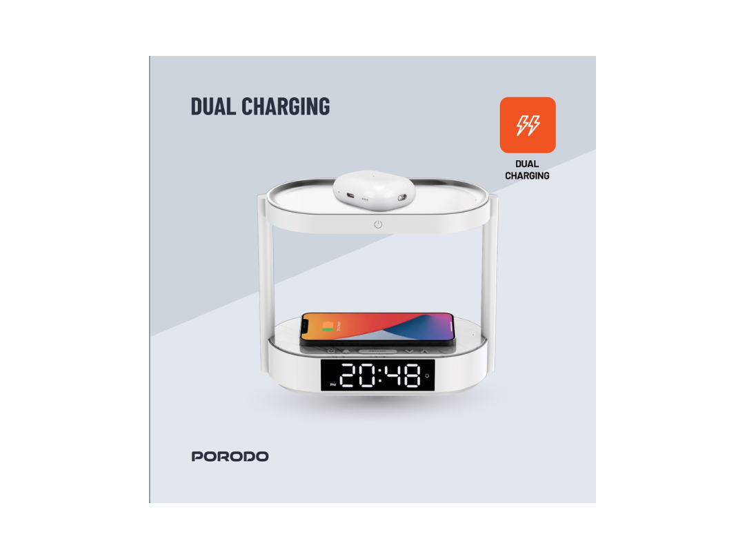 Porodo Bedside Lamp with Wireless Charger & Digital Clock - White Porodo Bedside Lamp with Wireless Charger & Digital Clock - White